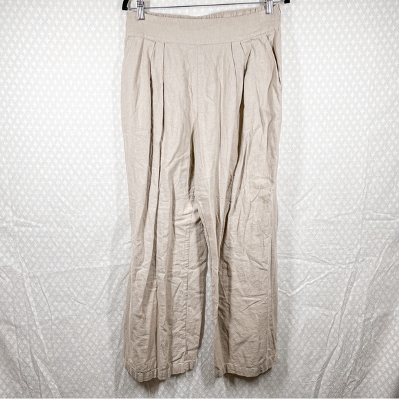 Abercrombie & Fitch Tan Linen Pleated High Rise Wide Leg Trousers - Picture 2 of 7